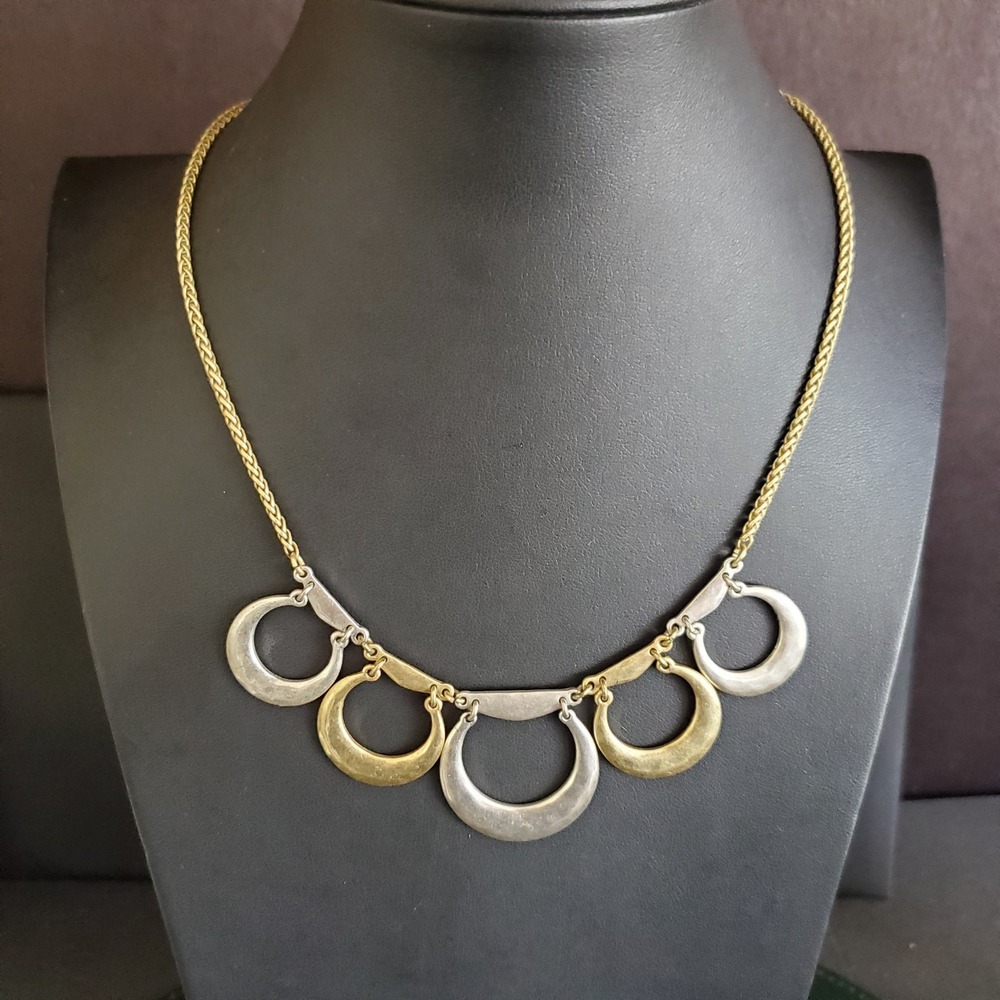 Lucky Brand Silver‎ & Gold Tone Collar Necklace Hammered Design Boho